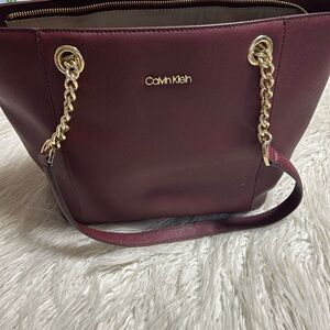 Calvin Klein Leather Large Gold Chain Handle  Shoulder Bag Purse, Wine/Burgundy